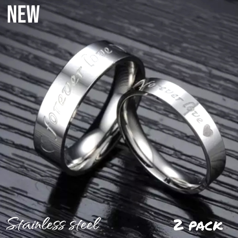 New Silver 2 Ring Set *Forever Love* Print Stainless Steel Band Rings